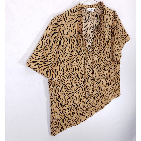 Nine West Blouse Womens Extra Large Tan Black Geometric Ruffle Neck Front Tie - Picture 4 of 10